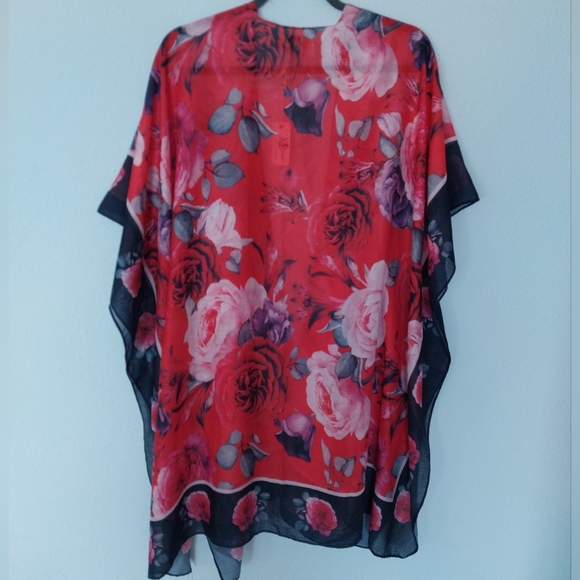 JC Sunny Red and Pink Rose Print Swim Cover Up Loungewear NWT - Picture 2 of 8